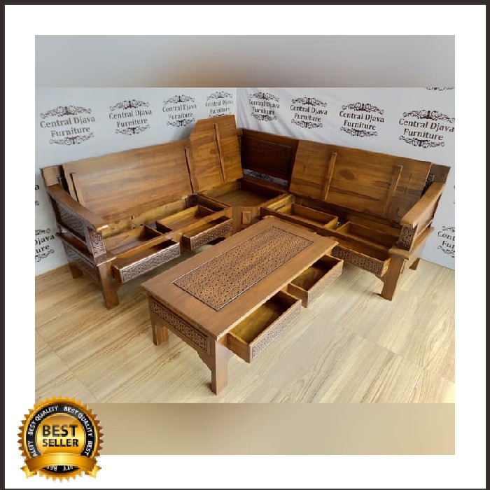 KURSI TAMU SUDUT LACI MEJA MULTIFUNGSI KAYU JATI MINIMALIS JEPARA