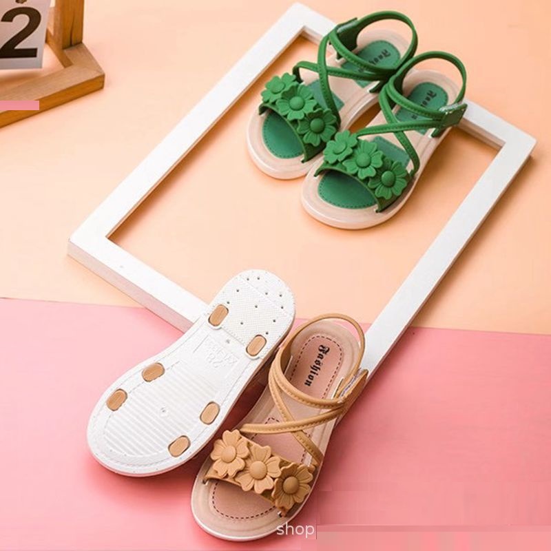 A3312 NEW Sepatu sandal anak perempuan import motif silang 3 bunga