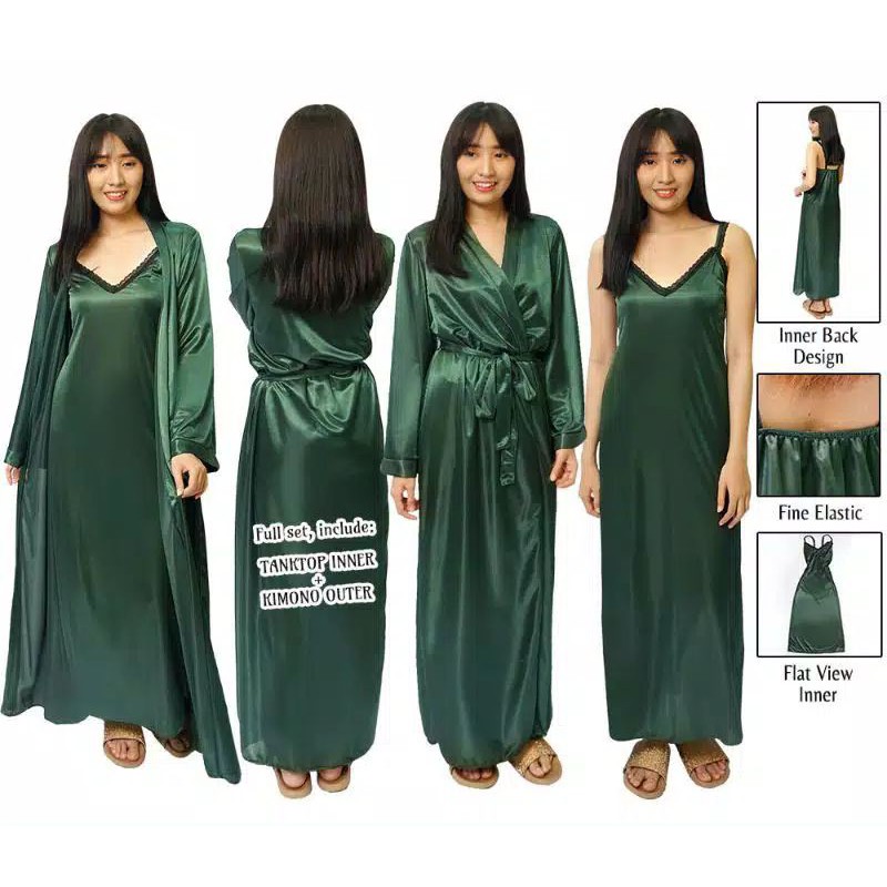 Kimono wanita sexy all size panjang baju tidur satin hijau 1348HSET