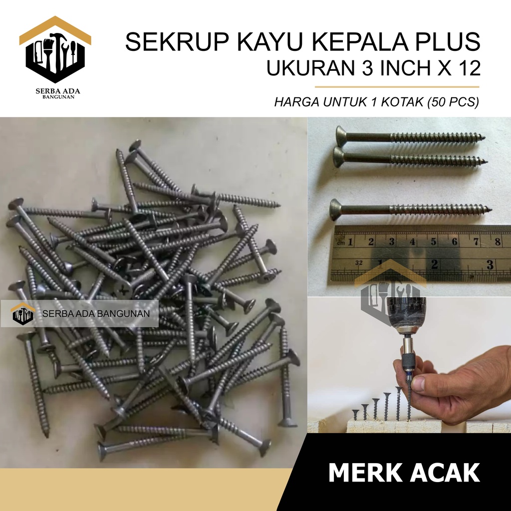 SKRUP KAYU 3 X 12 (+) PLUS PANJANG 7,5 CM / (HARGA 1 KOTAK - TIDAK DIECER) TERMURAH