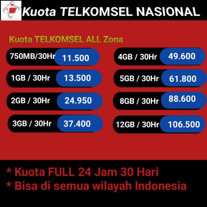 Injek Kuota / Isi Kuota Telkomsel SEMUA ZONA ( NASIONAL)