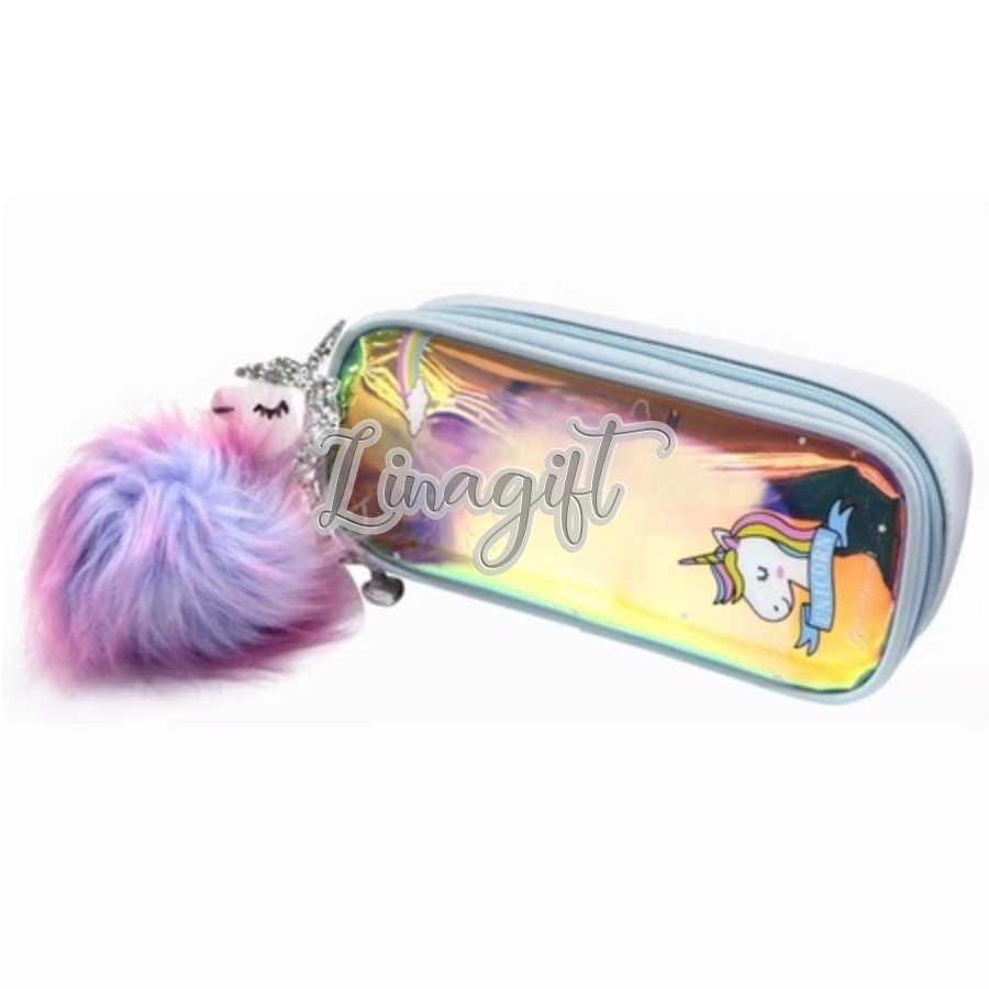 TEMPAT PENSIL UNICORN GANTUNGAN POMPOM BULU - PENCIL CASE METALLIC PONY - TEMPAT PENSIL BULU PONY - DOMPET PENSIL GANTUNGAN POM POM BULU BULU SEQUIN