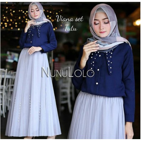 Promo 2019 BLU GREY Plaid Baju Set Satu Tombol GAMIS High Waist Harem ROK SYARI