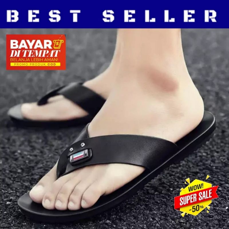 BELI 1 GRATIS 1 / Sandal Kulit / Sandal Pria / Sandal Slide / Sandal Casual Pria/ Sandal Slop AM-04-Combat Hitam