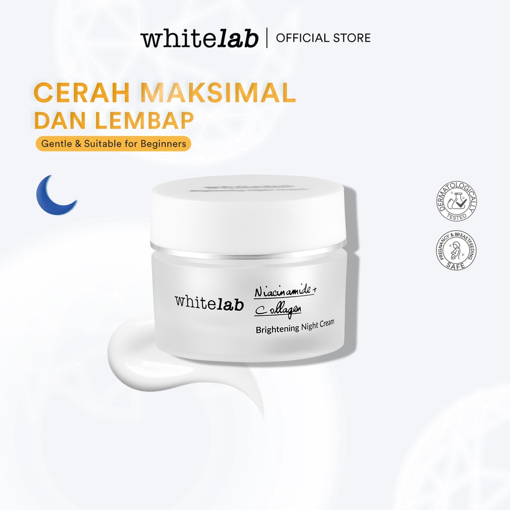 Whitelab Brightening Night Cream - Pelembap Krim Malam Pencerah Pemutih Wajah Untuk Kulit Kering Dengan Niacinamide, Hyaluronic & Collagen [BPOM]