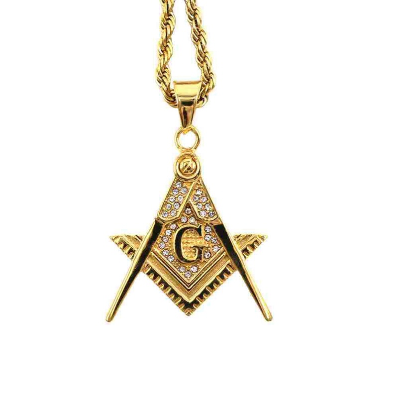 Kalung Liontin Masonic Gold Inlaid Aksen Berlian Untuk Pria