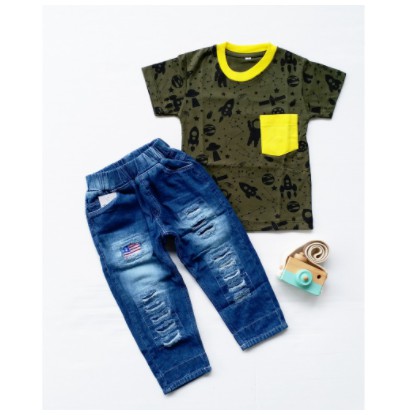 LittleAaron SET BRYAN FLAG EBV Setelan Kemeja Bayi Laki-laki Lengan Pendek celana jeans