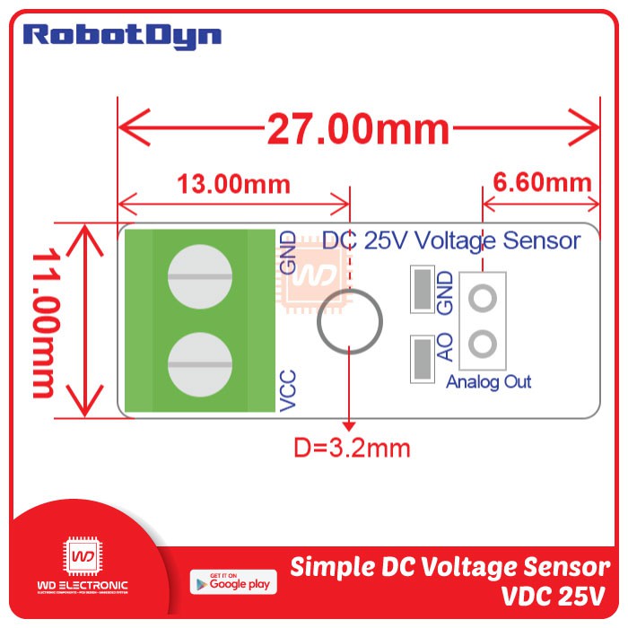 VOLTAGE SENSOR 0-25V ROBOTDYN VOLTAGE SENSOR VDC 25V