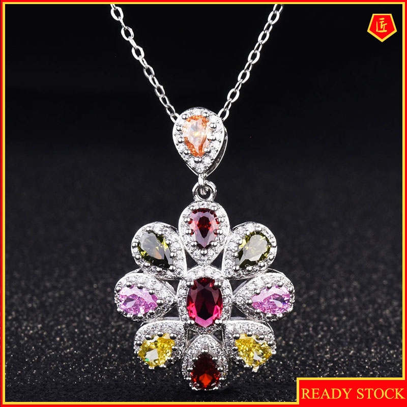 [Ready Stock]Luxury Colorful Tourmaline Pendant Micro-Inlaid Full Diamond Necklace Elegant