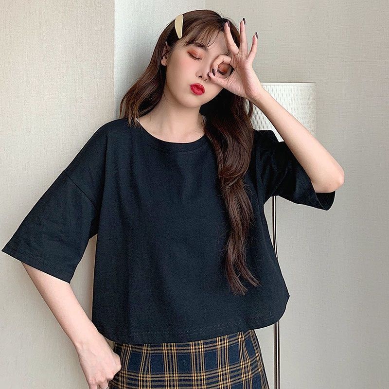 (M L XL XXL 3XL) KAOS CROP POLOS Oversize Basic Crop Top Tee Shirt Cotton Combed Korean Ulzzang Style Jumbo Denim Mustard Lilac Beige Black White