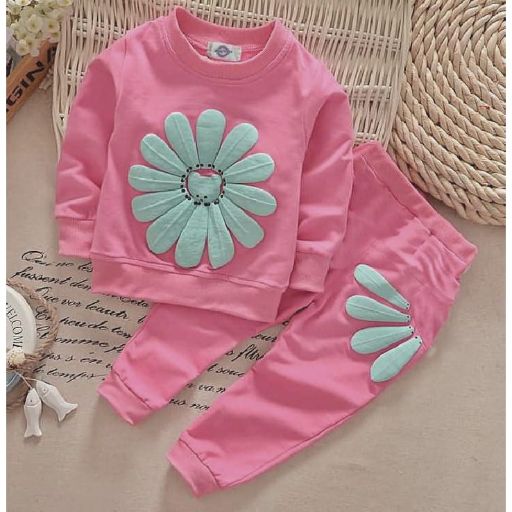 Setelan Baju Anak Perempuan Sun Flower | Pakaian Anak Bahan Fleece Umur 1-6 Tahun