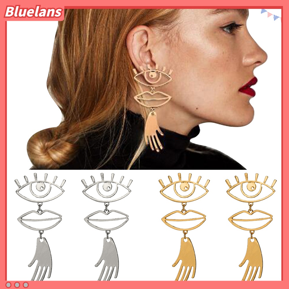 Anting Stud Panjang Desain Mata Bibir Tangan Model Hollow Gaya Punk Untuk Wanita