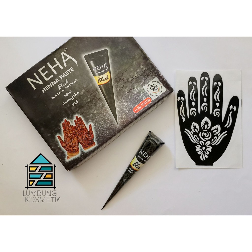 Paket Henna Neha / Golecha Hitam + Cetakan Sticker Hena Black Cone Nail Art Ecer