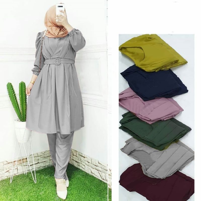 SET CELANA TUNIK FENITA, MOSCREPE PREMIUM, GAMIS HIJAB MUSLIM, SETELAN, 2 UKURAN