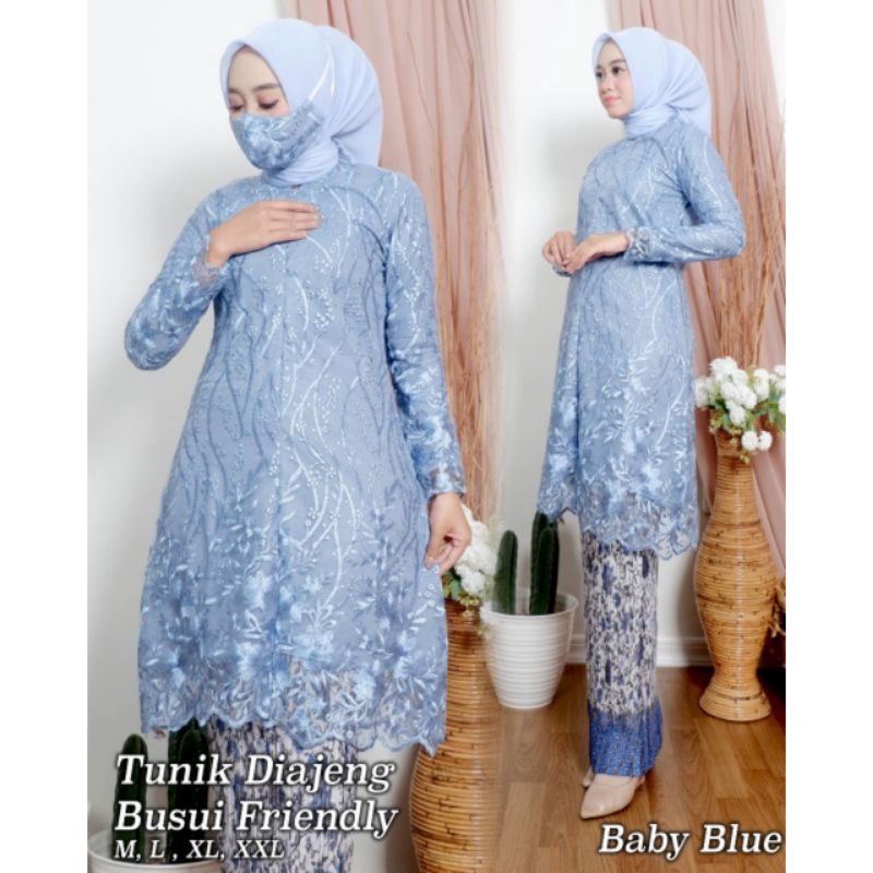 kebaya tunik busui friendly / tunik tulle busui/ stelan kebaya modern-Baby blue