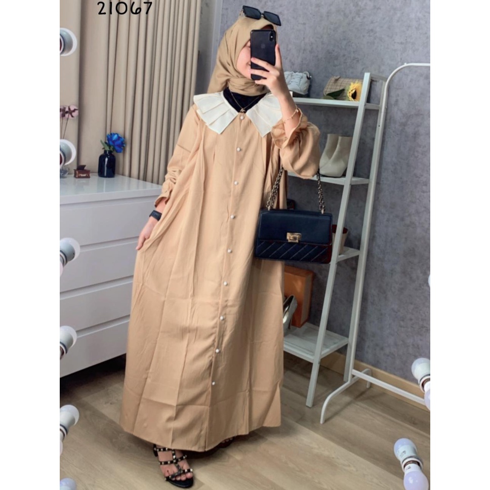 52639 - 21067 LONG MAXI OVERSIZE POLOS KANCING BELAH DEPAN VARIASI KERAH KOREA CREAM PREMIUM GAMIS O