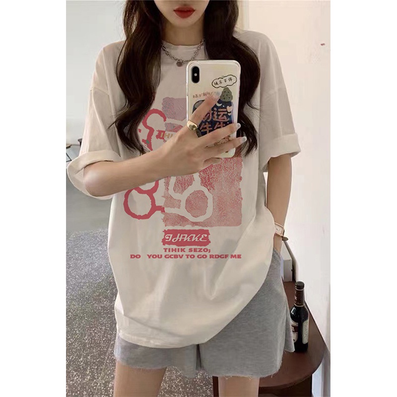 baju kaos wanita lengan pendek/bear printing t-shirt/korea style oversize kaos putih