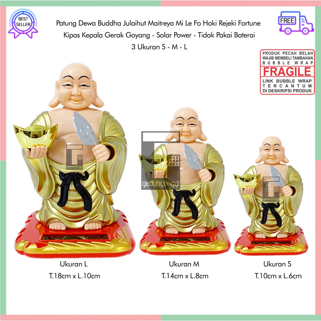 Patung Dewa Julaihut Maitreya Mi Le Fo Hoki Rejeki Fortune Kipas Goyang Uang Koin Emas Budha Buddha