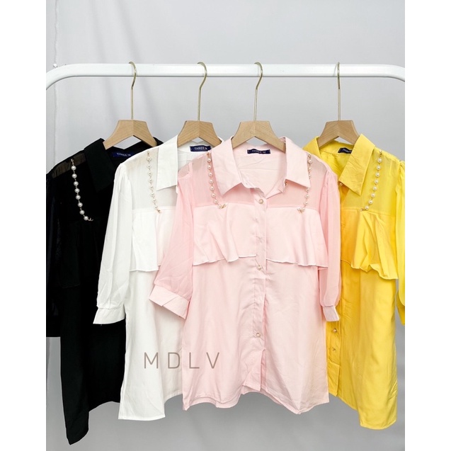 MDLV ~ 7840# Pdk Elaine Layered Short Sleeve Shirt Atasan Blouse Pearl Kemeja Premium Fashion Import