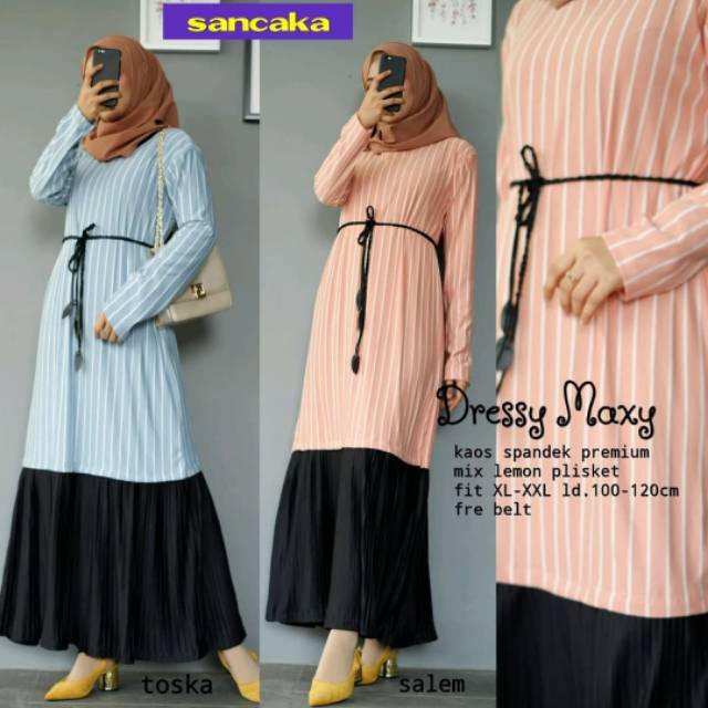 Dressy Maxy, maxi dress, dress muslim, long dress, motif garis, dress jumbo, dress casual, Hijabers