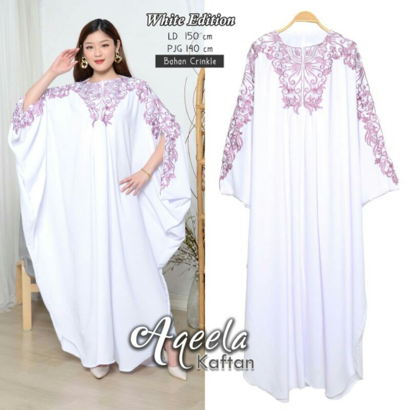 kaftan Aqeela Busui Friendly Jumbo Renda Brukat Putih