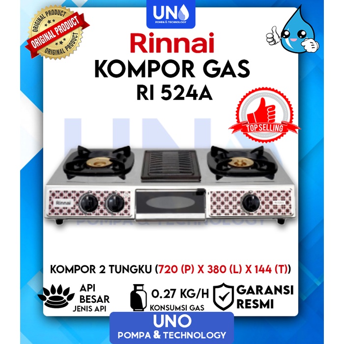 Rinnai Kompor Gas 2 Tungku + Griller Pemanggang RI 524 A / RI524A / RI-524 A