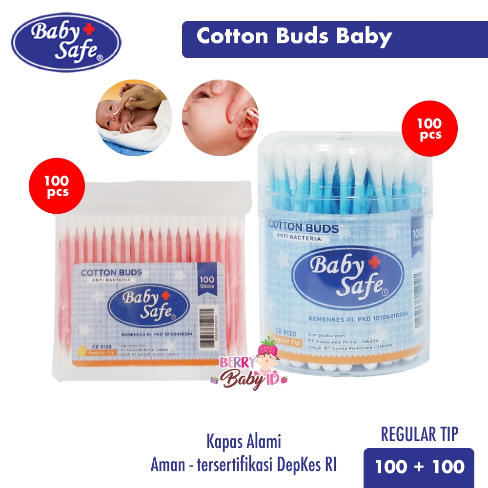 Baby Safe Paket Cotton Buds Pot &amp; Refill Regular Tip Korek Kuping Bayi Berry Mart