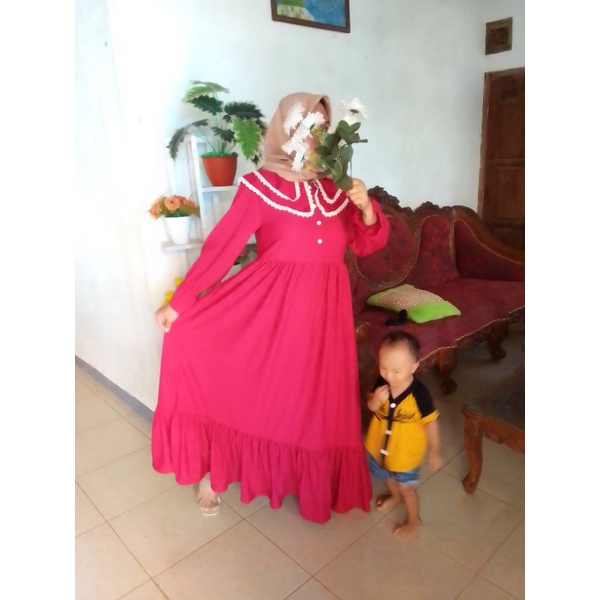 gamis kerah Korea full renda sampai belakang, real pict