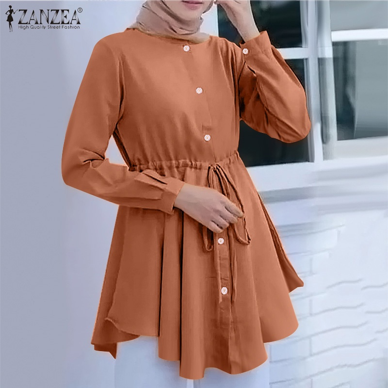 ZANZEA Women Fashion Muslim Full Sleeve Crew Neck Button Cuffs Shirt Loose Blouse