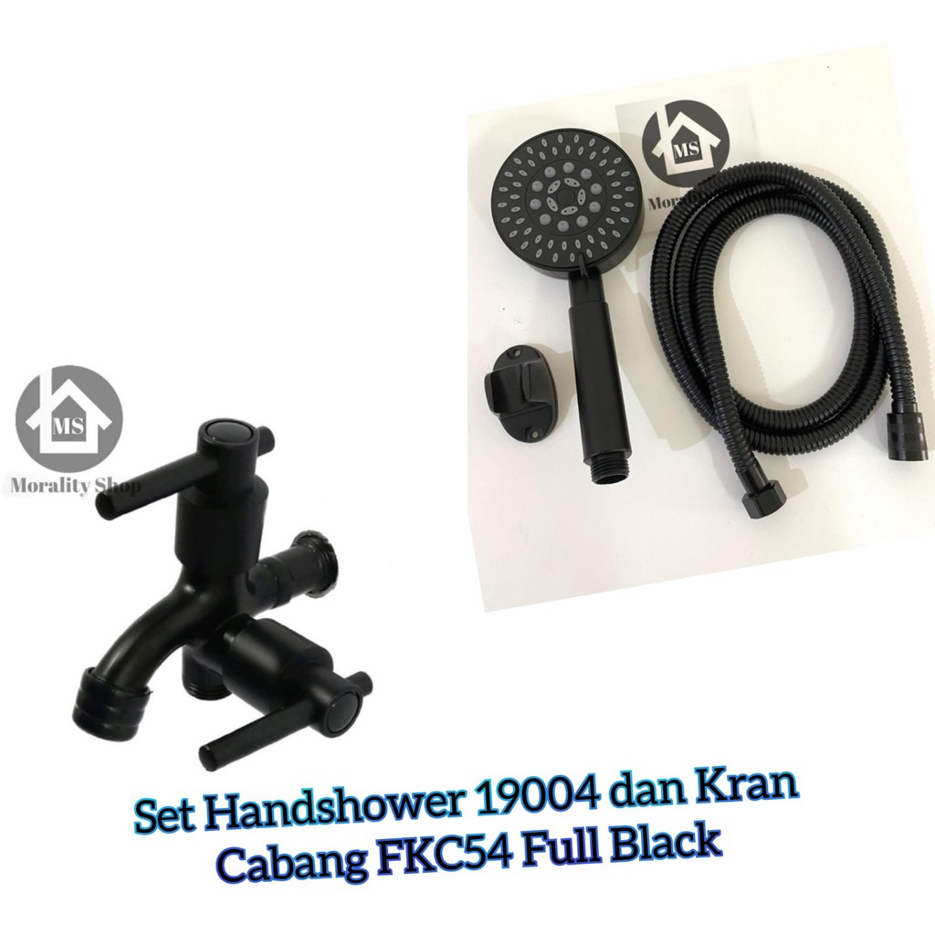 Paket Set Handshower 5in1 19004/H14 Plus Kran Cabang FKC54/Y30 Black Hemat - Paket Full Black MURAH