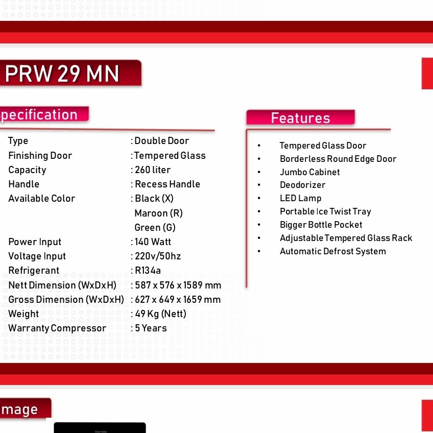 POLYTRON Lemari Es 2 Pintu PRW29MN / Kulkas 260 Liter PRW29MNX / PRW29MNR