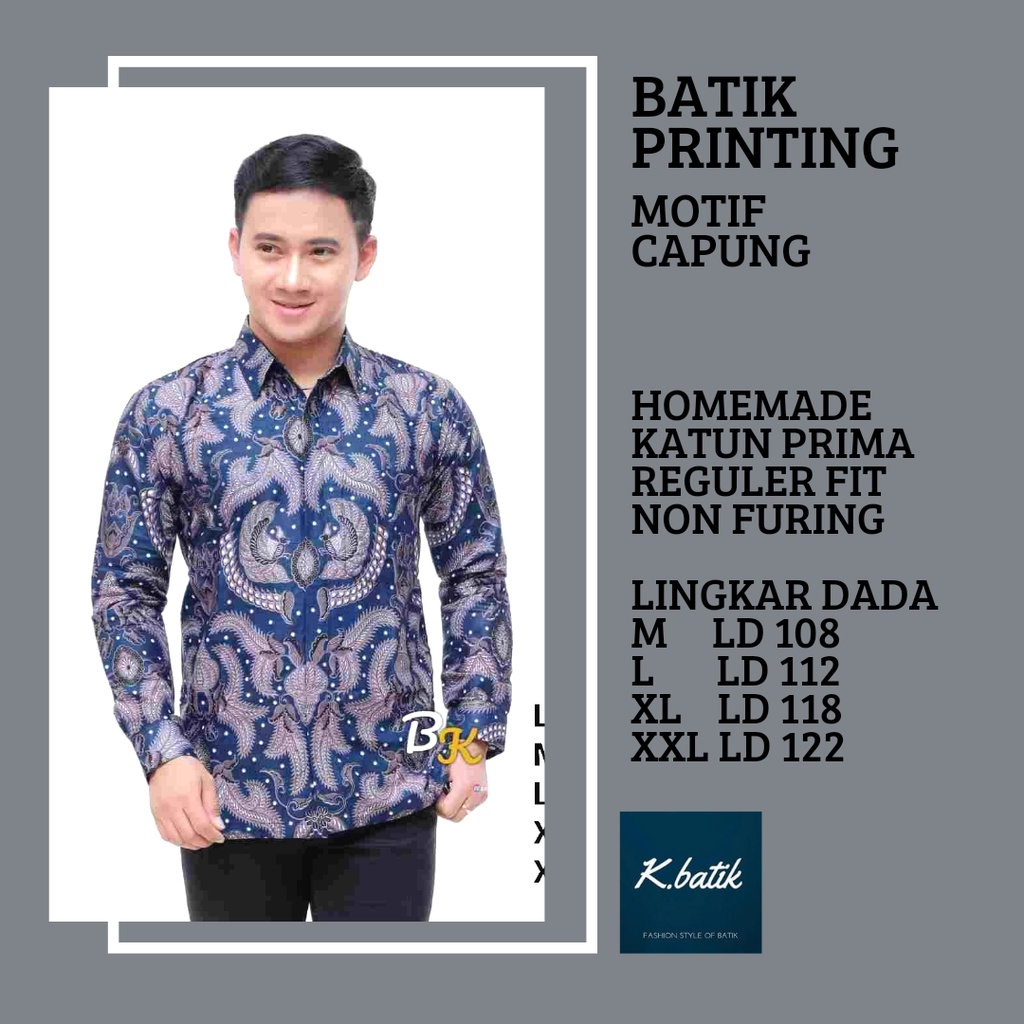 KEMEJA BATIK PRIA LENGAN PANJANG MOTIF CAPUNG BIRU BATIK MODERN BATIK SERAGAMAN KANTORAN BATIK PEKALONGAN BATIK KATUN