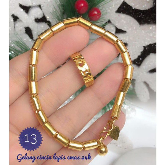 (SEP) Set Perhiasan Lapis Emas 24 Karat Xuping Gelang Rantai Bambu Cincin Permata Gold Titanium Asli