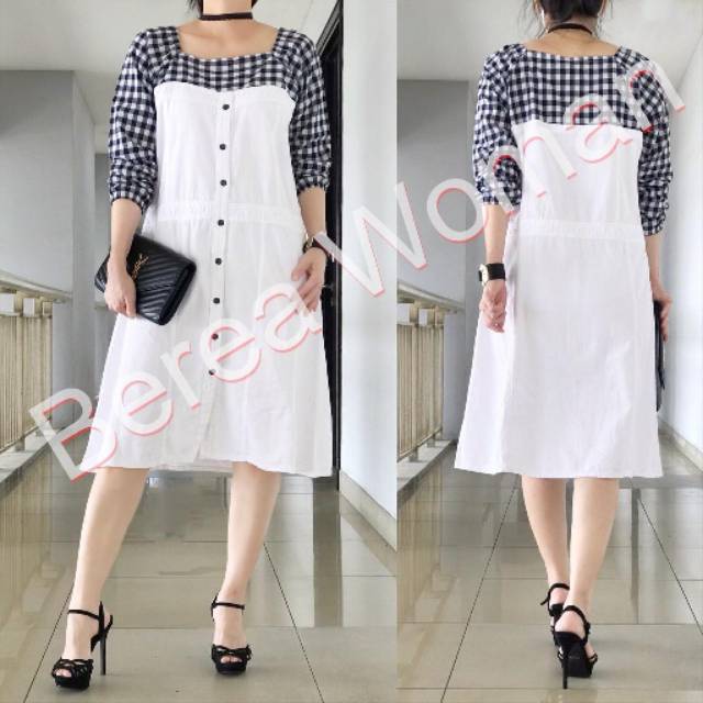 tunic denim white motif kotak