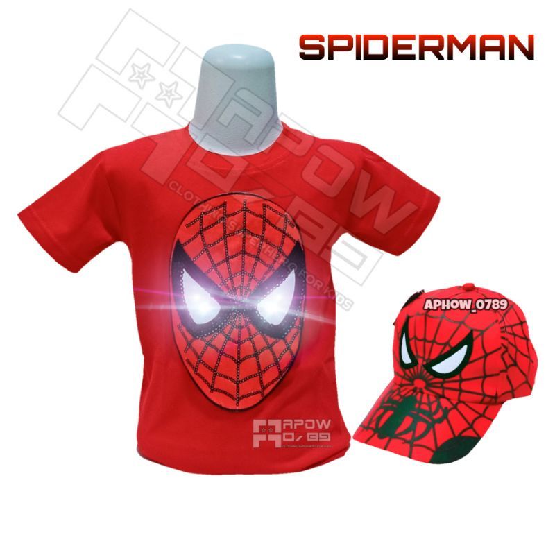 pdf paket 2in1 atasan anak laki laki dan topi motif spiderman LED bisa nyala baju kaos anak laki bisa COD