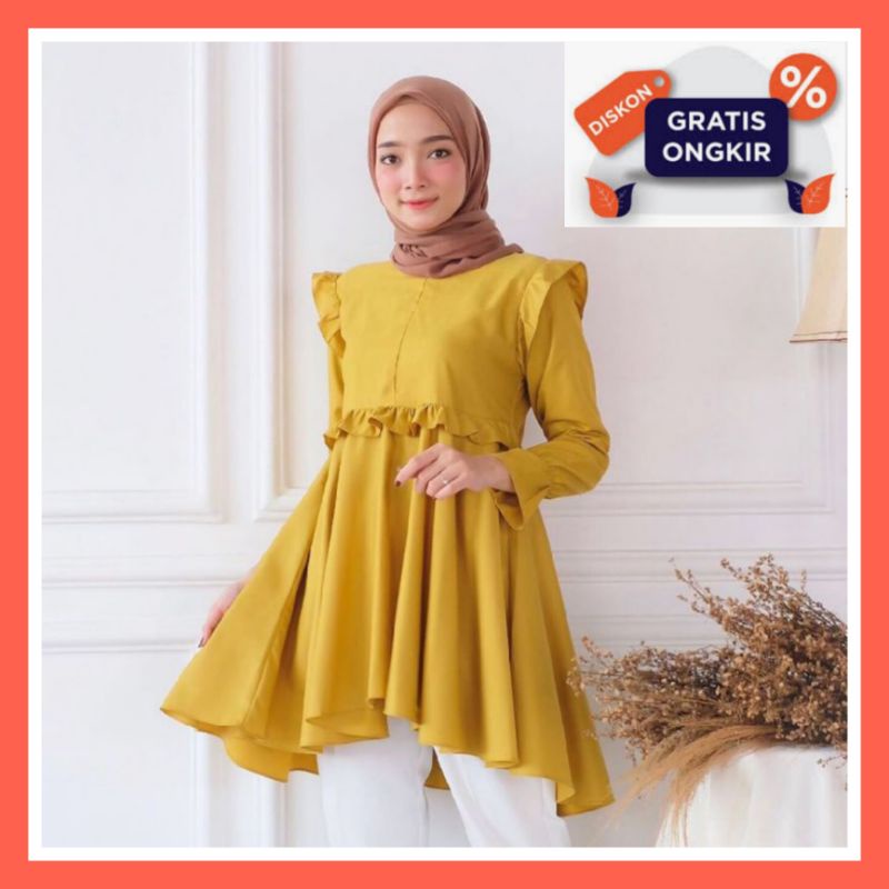 Atasan pakaian baju tunik remaja muslim wanita model pesta premium cantik murah elegan polos terbaru