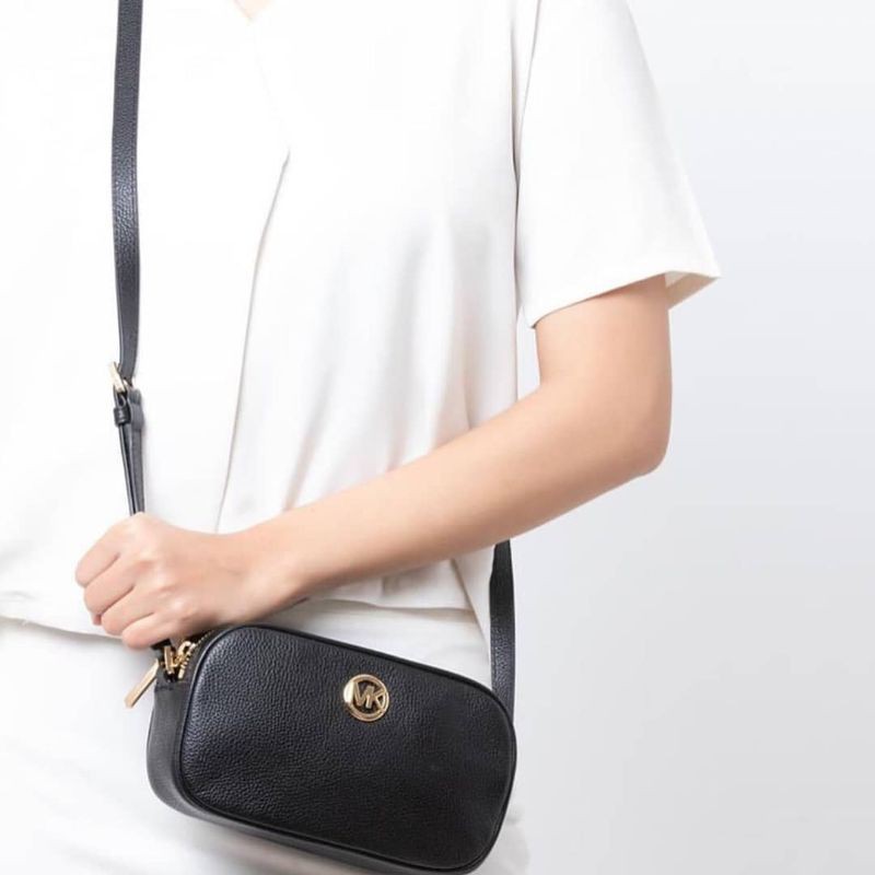 MK fulton leather double zip crossbody black