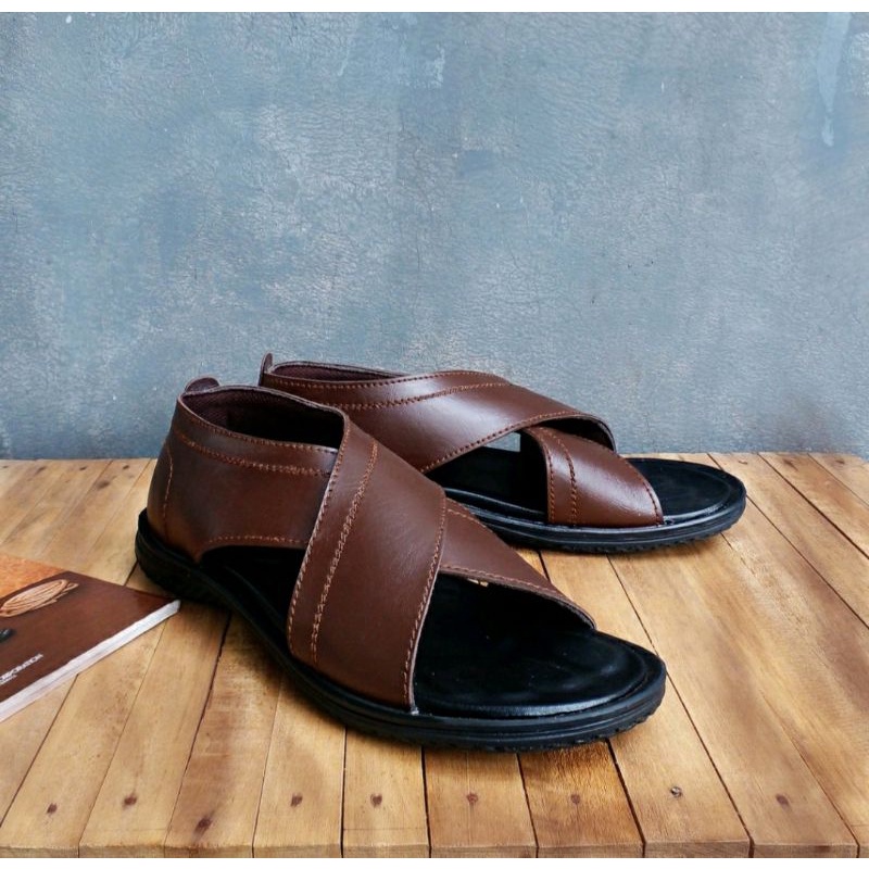 COD / MKshoes Sandal Pria Casual Kulit Terbaru Sendal Model Birkenstock MK-1 Kulit Brown, 41