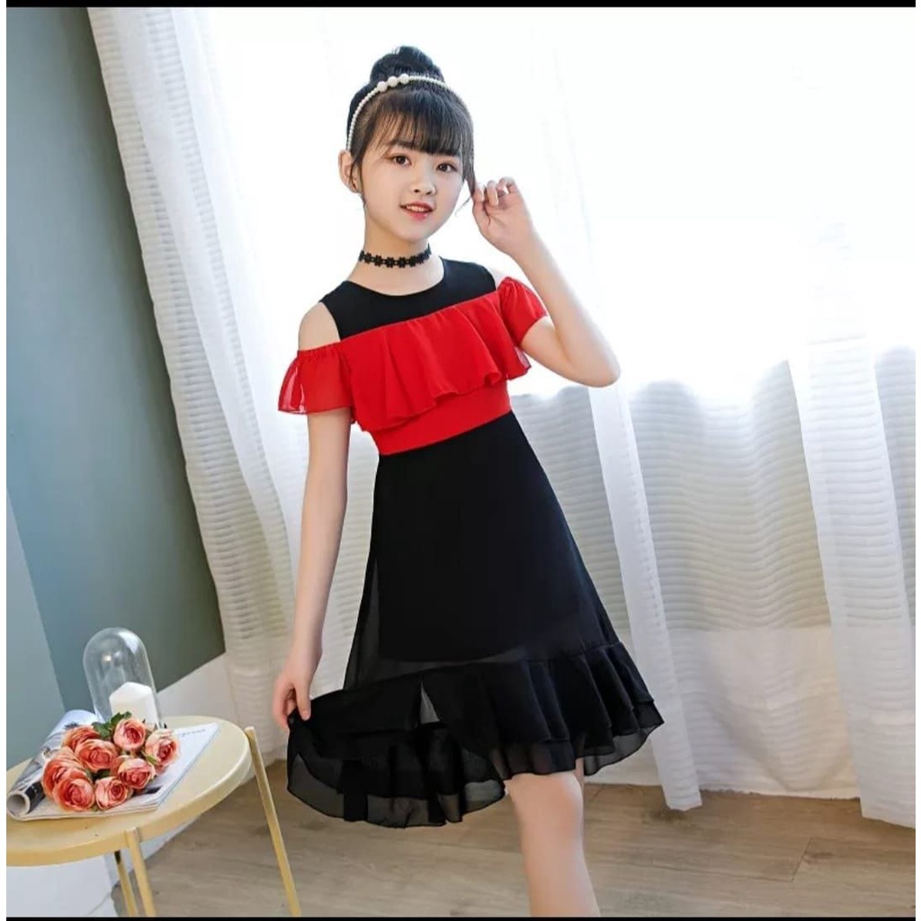 [dress megi kid RO]Dress Anak Perempuan Ardila Crep Black/Red