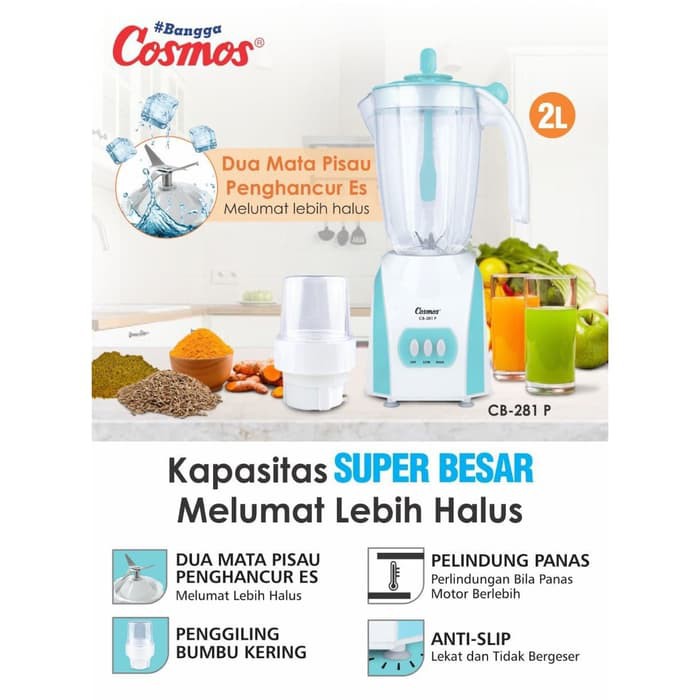 COSMOS Blendel Plastik 2 liter 2in1 2 Tabung CB 281 P - Garansi Resmi 1 Tahun