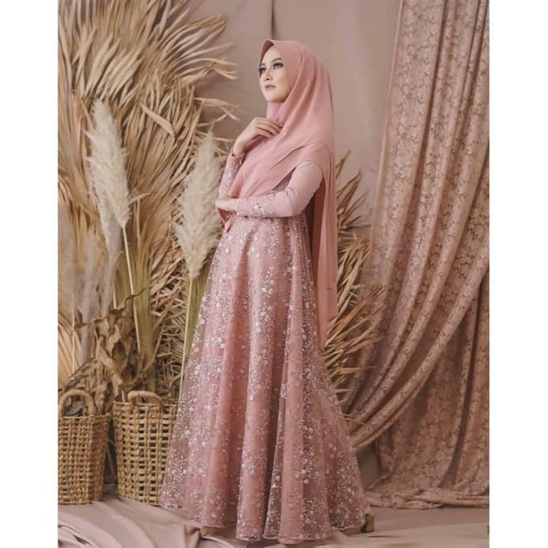 Gamis Ainun Double Layer // JUMBO &amp; STANDAR Gamis Brokat Tille Syar'i Free Jilbab