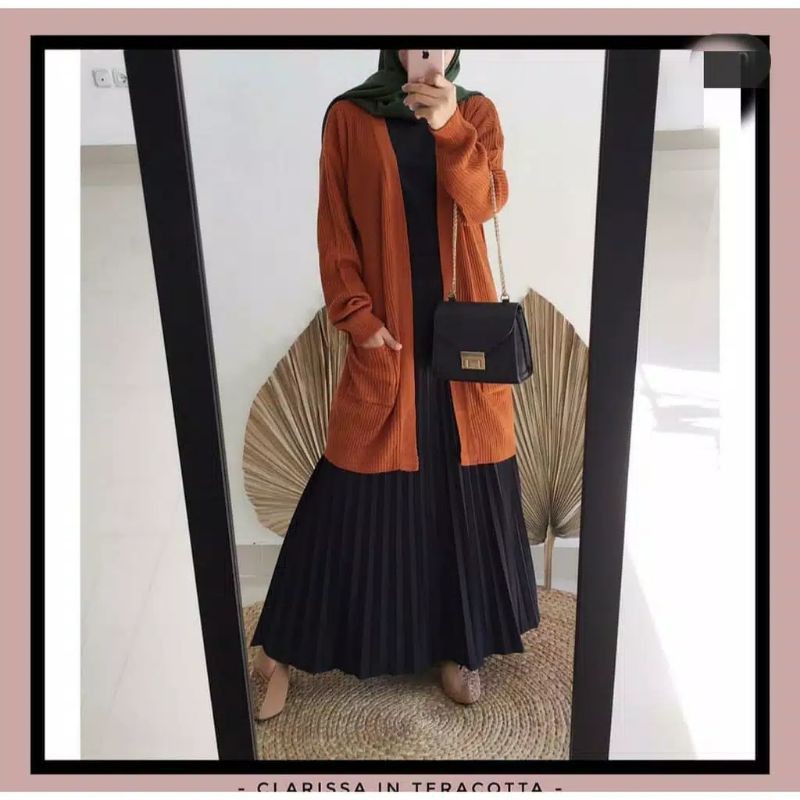 Cardigan panjang rajut dua saku all size-Coral