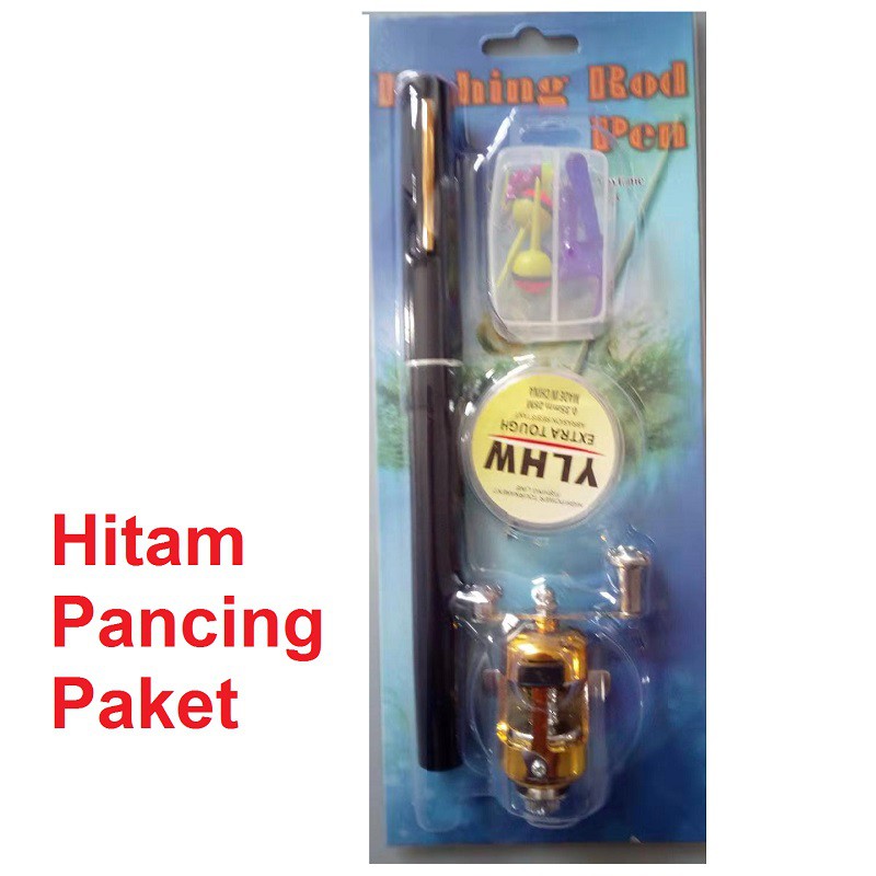 Pancingan Pulpen Mini Fishing Rod Pen Joran Pancing Pulpen Pancingan Portable Alat Pancing Paket-Hitam Pena Paket