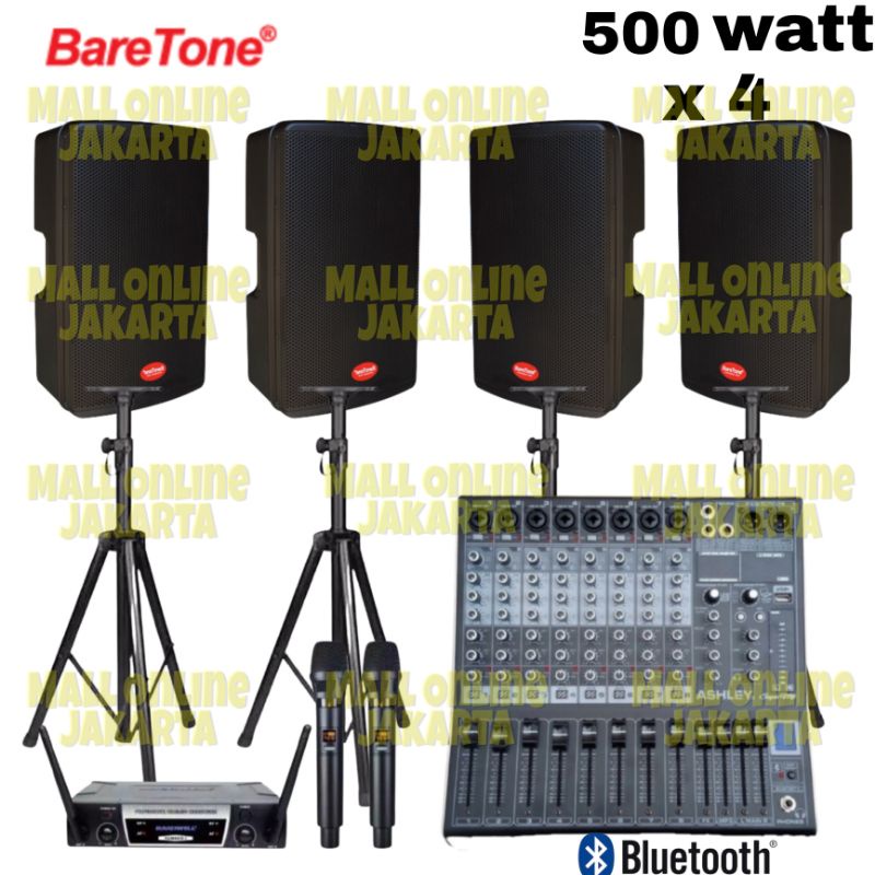 Paket 4 speaker aktif baretone 15 inch max 15Rc 500 watt outdoor mixer 8 channel