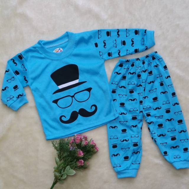 Ss#158 Piyama Baju Tidur Anak Size 3-12bulan Bahan Kaos / Setelan Baju Panjang Bayi Motif Kumis