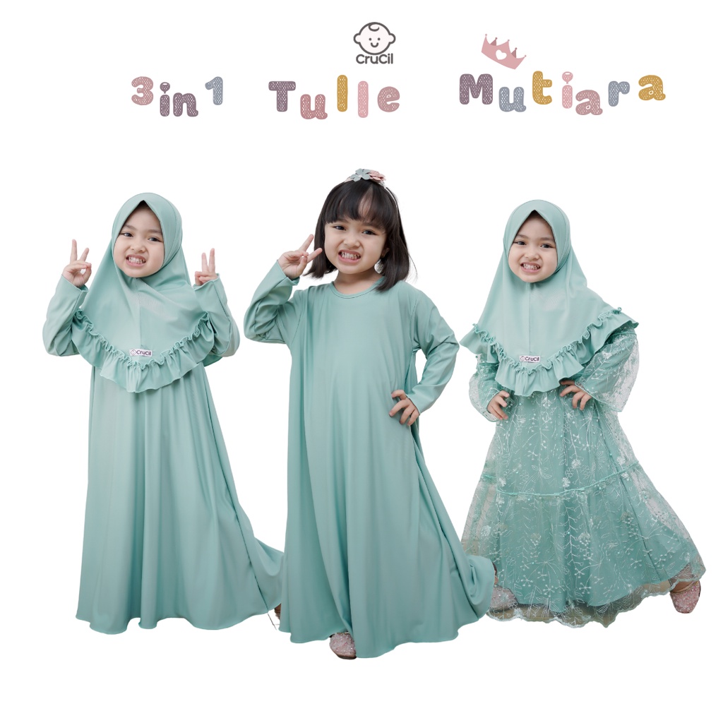 Crucil 3in1 gamis tulle mutiara Remaja (9-16y)