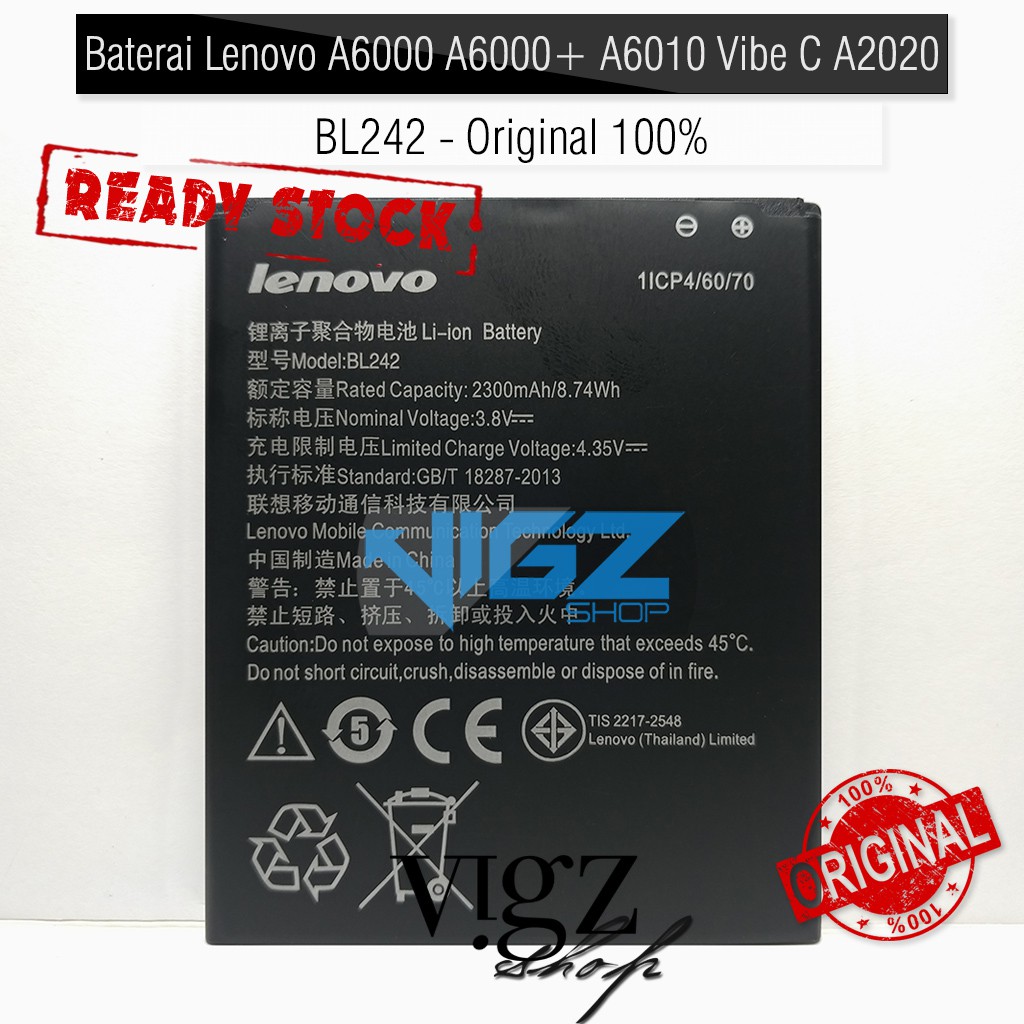 Baterai Lenovo A6000 A6000 Plus A6010 Vibe C A2020 BL242 Original 100% Battery Batre