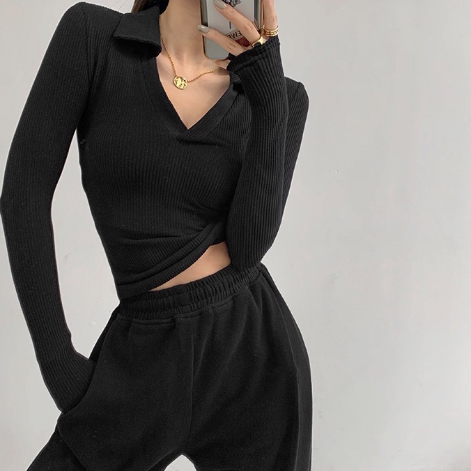 【MISSHONEY】V-Neck Long Sleeve Ribbed Basic Polo 7304 (S/M/L)