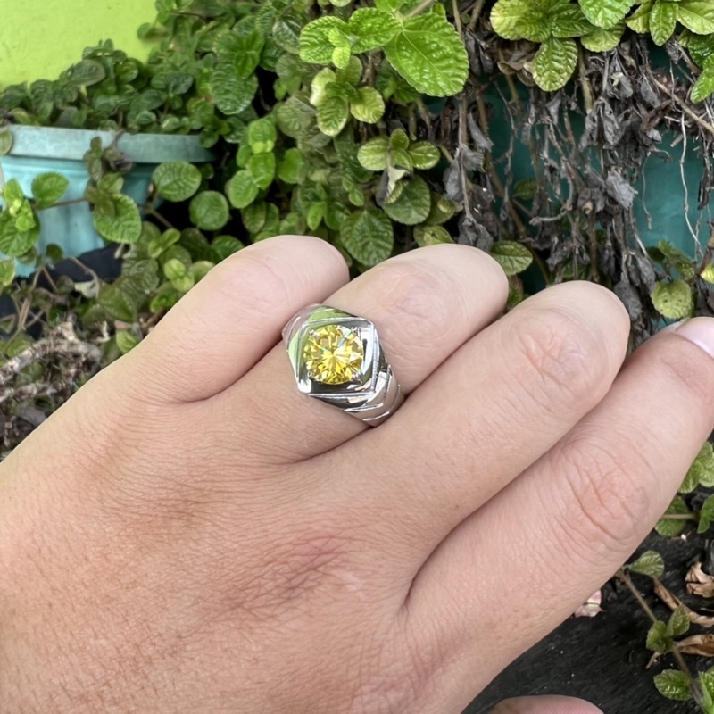 Cincin Batu Permata Yakut Kuning Ring Titanium Stainless Steel