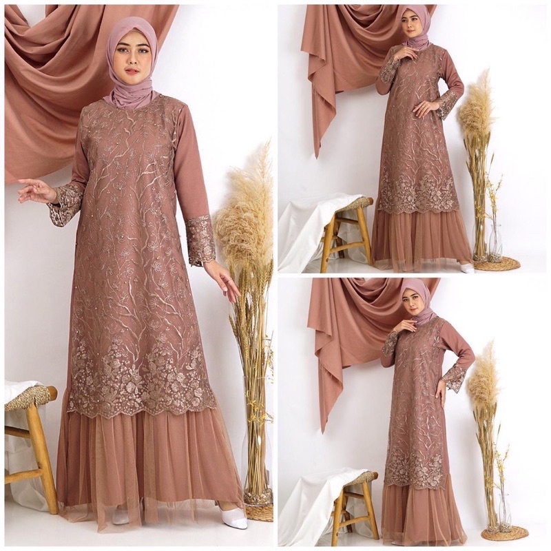 GAMIS NAZWA MAXI PESTA BRUKAT TILLE Bordir LONGDRESS LAPIS MOSCREPE